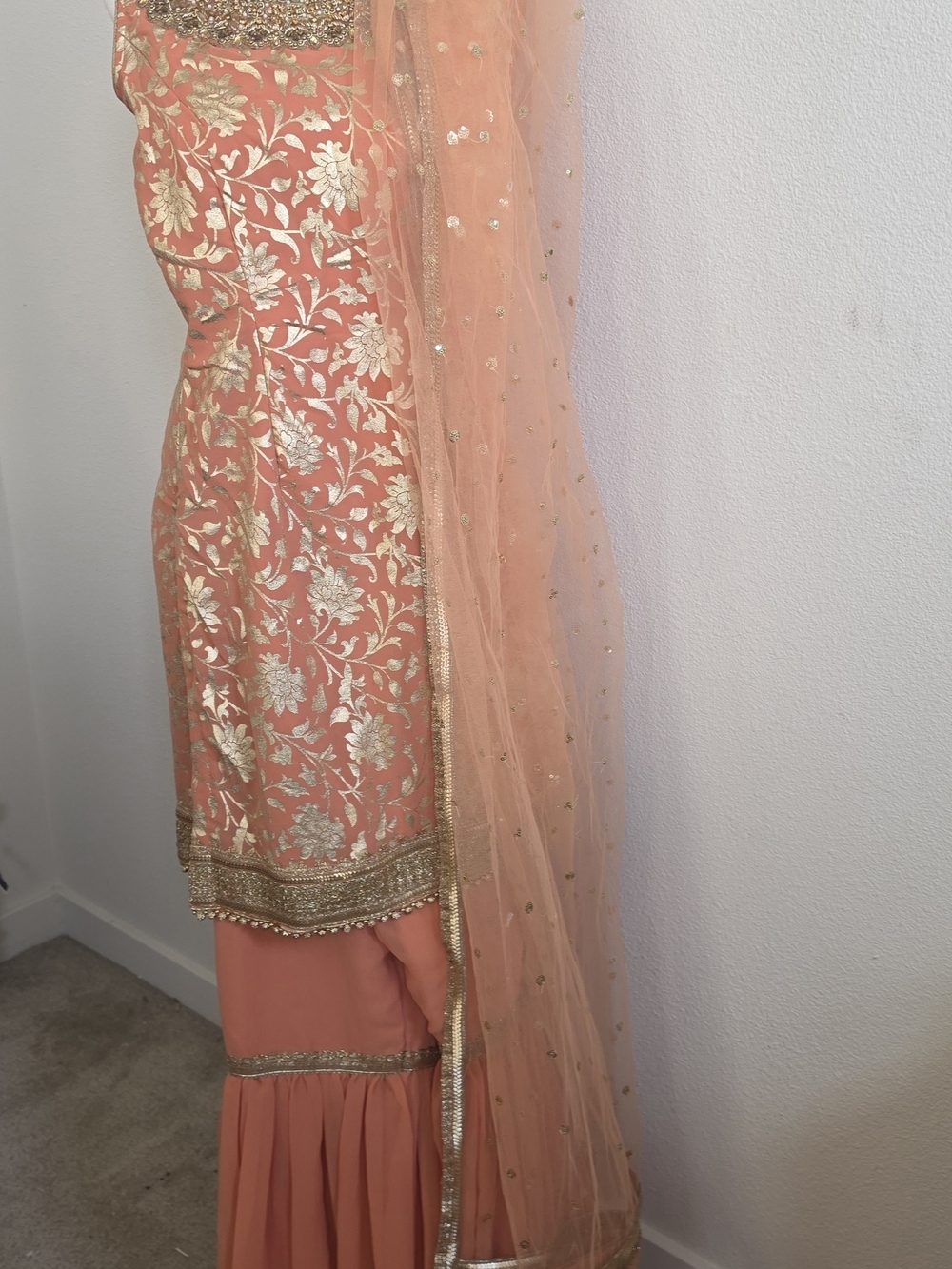 Peach Embroidered Women’s Sharara with Gold Floral Detail